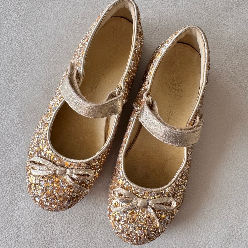 NATURINO Kids Gold Glitter & Leather Ballet Mary Jane's Flat Shoes Size 13 $109